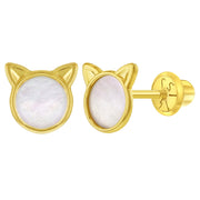 Mother of Pearl Kitty Cat Earrings - 14k Gold